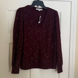 Loft Maroon V-Neck Sweater with Sequin Details NWT